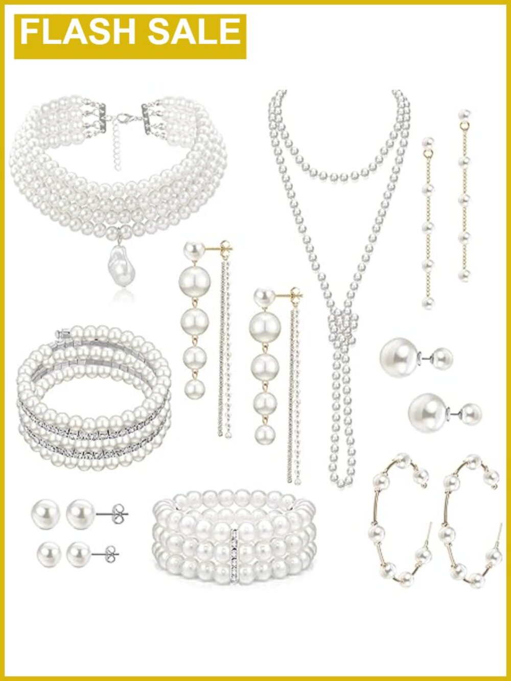 16 Pc Faux Pearl Jewelry Set Earrings Bracelets Choker Necklace